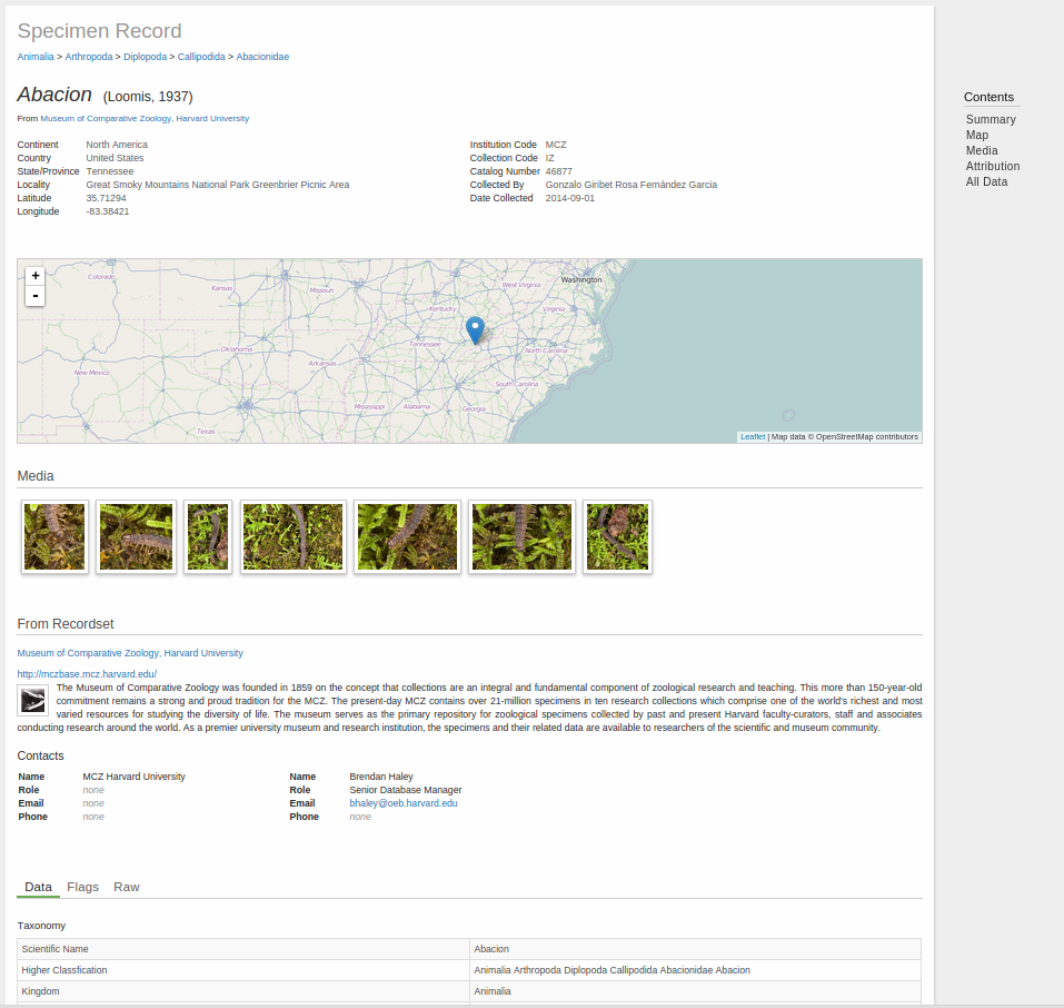 Full specimen record page